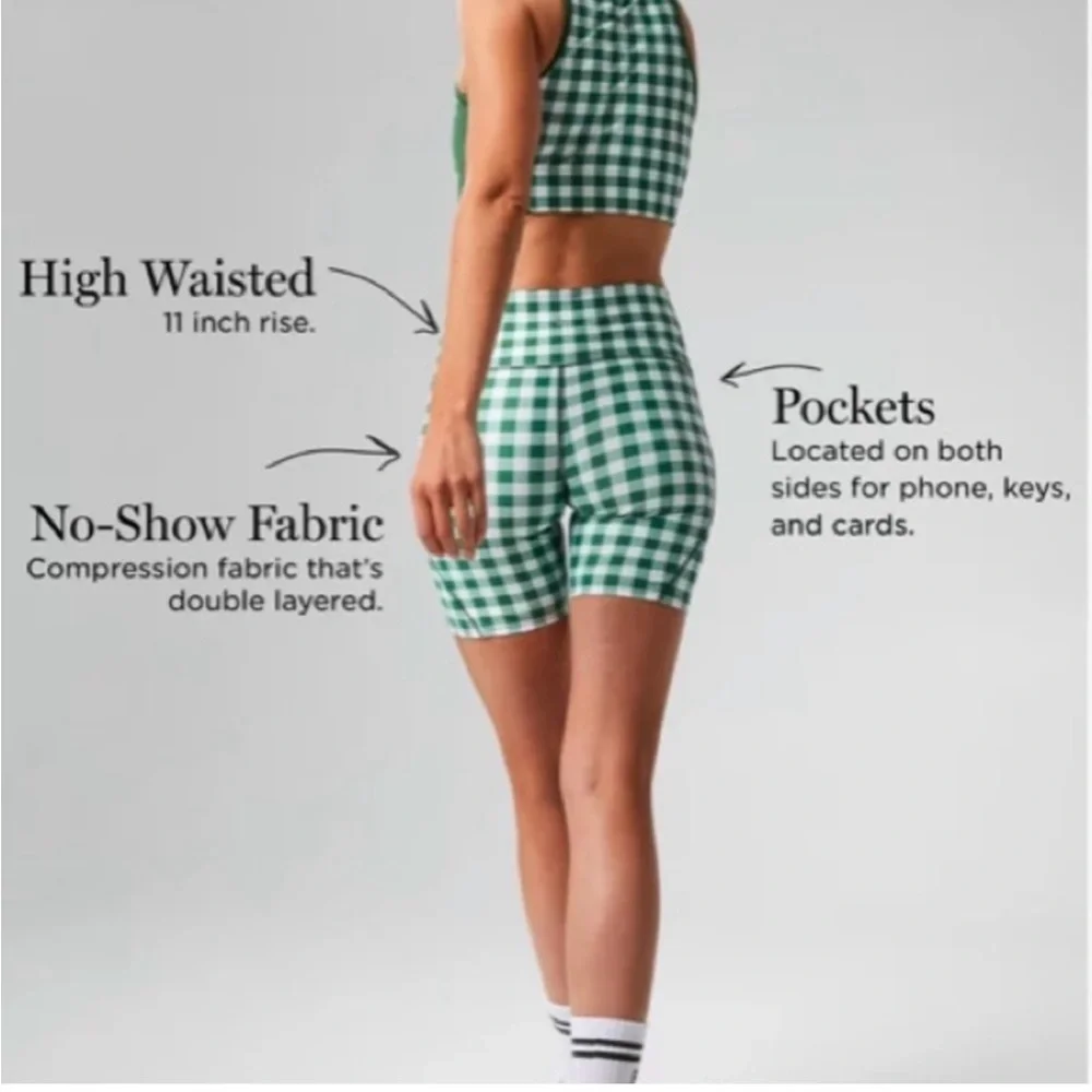 Tuckernuck Trellis Gingham Biker Shorts S NWT Green White 6” High Waist Pockets